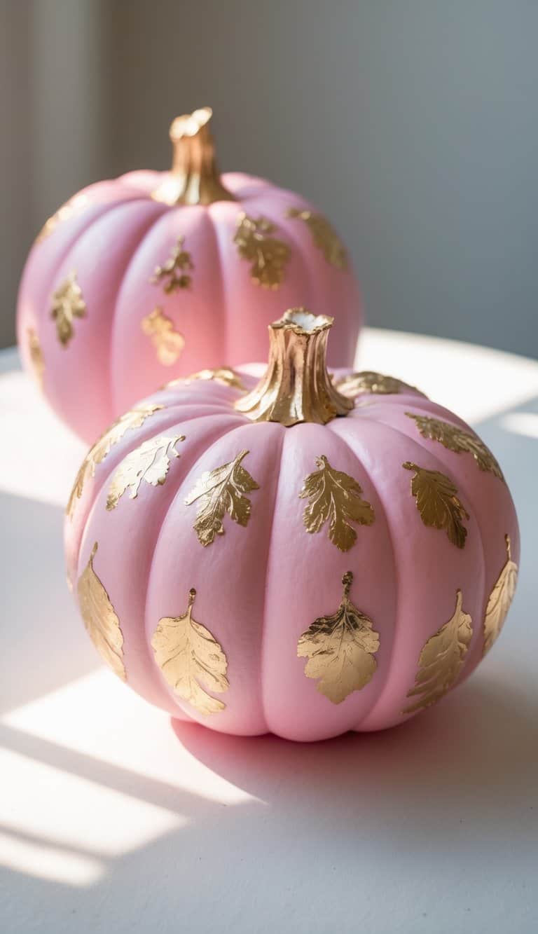 Close-up of one to two pink pumpkins painted with gold leaf accents on a clean tabletop.