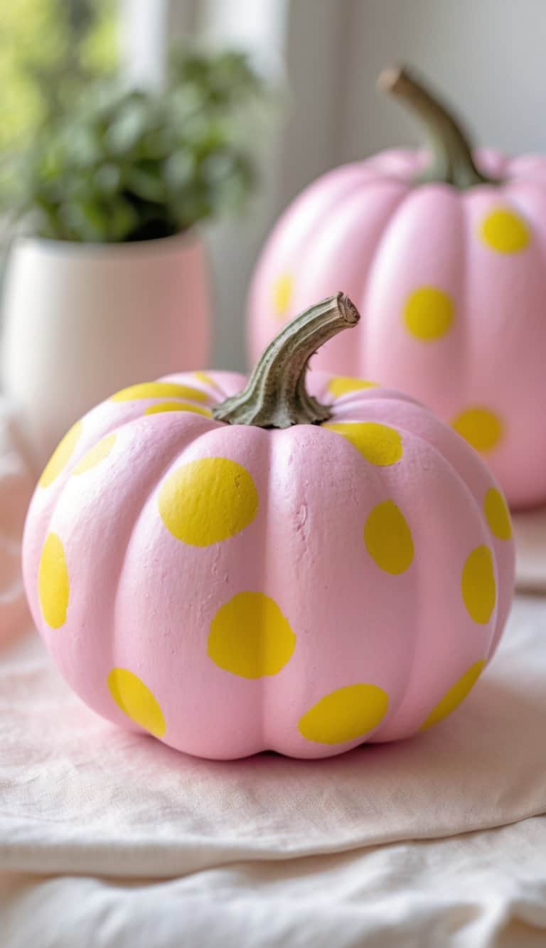 Close-up of one to two pink pumpkins with yellow dots on a tabletop.