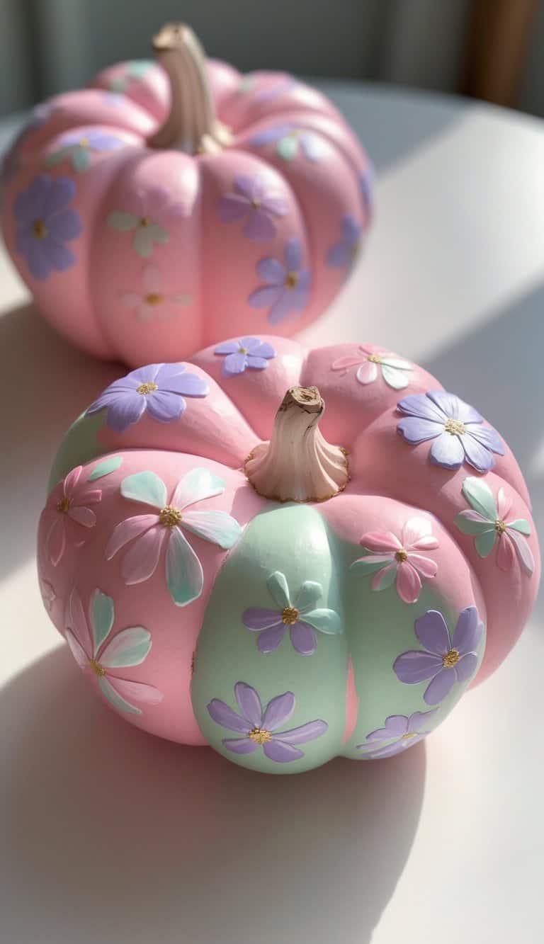 Two pumpkins painted in pastel pink, green, and purple, decorated with daisy flower designs, sit on a white surface in bright natural light.