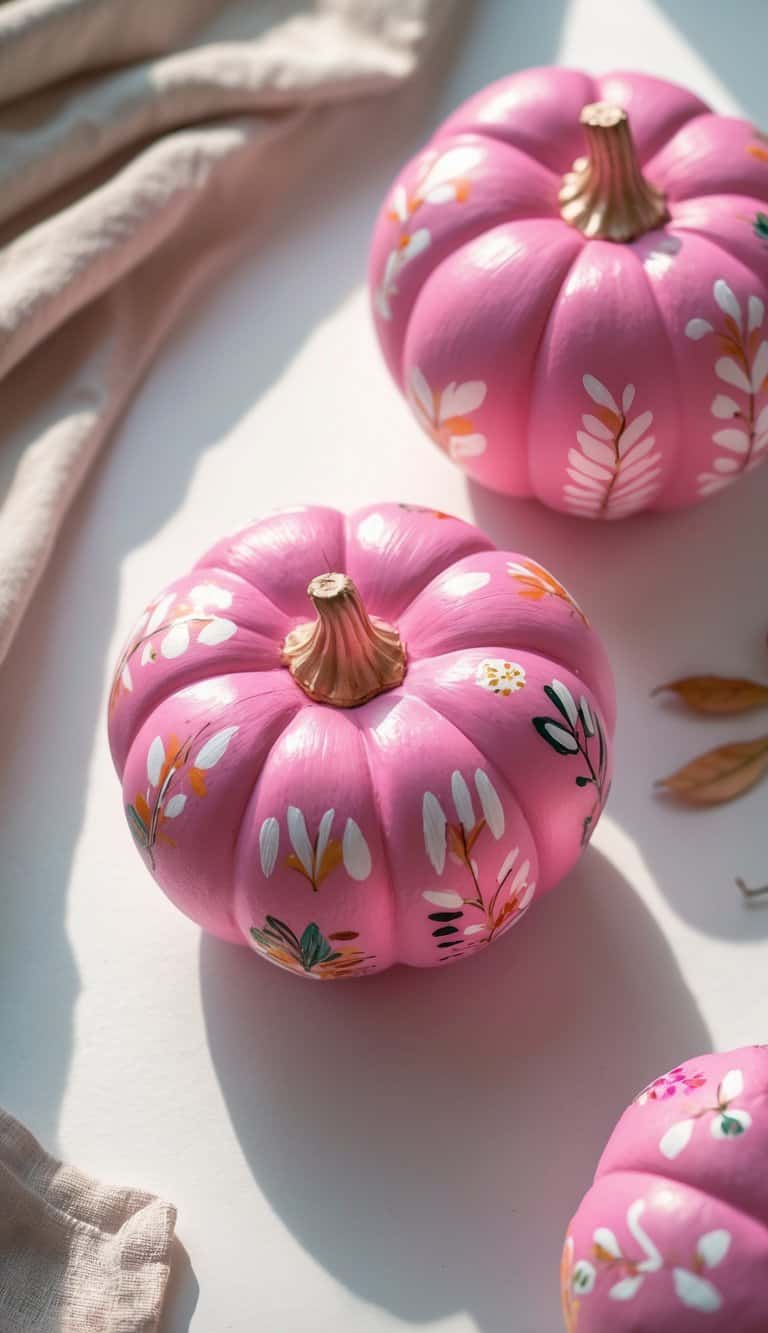 Close-up of one to two small pink pumpkins painted with colorful autumn-inspired designs on a clean tabletop.