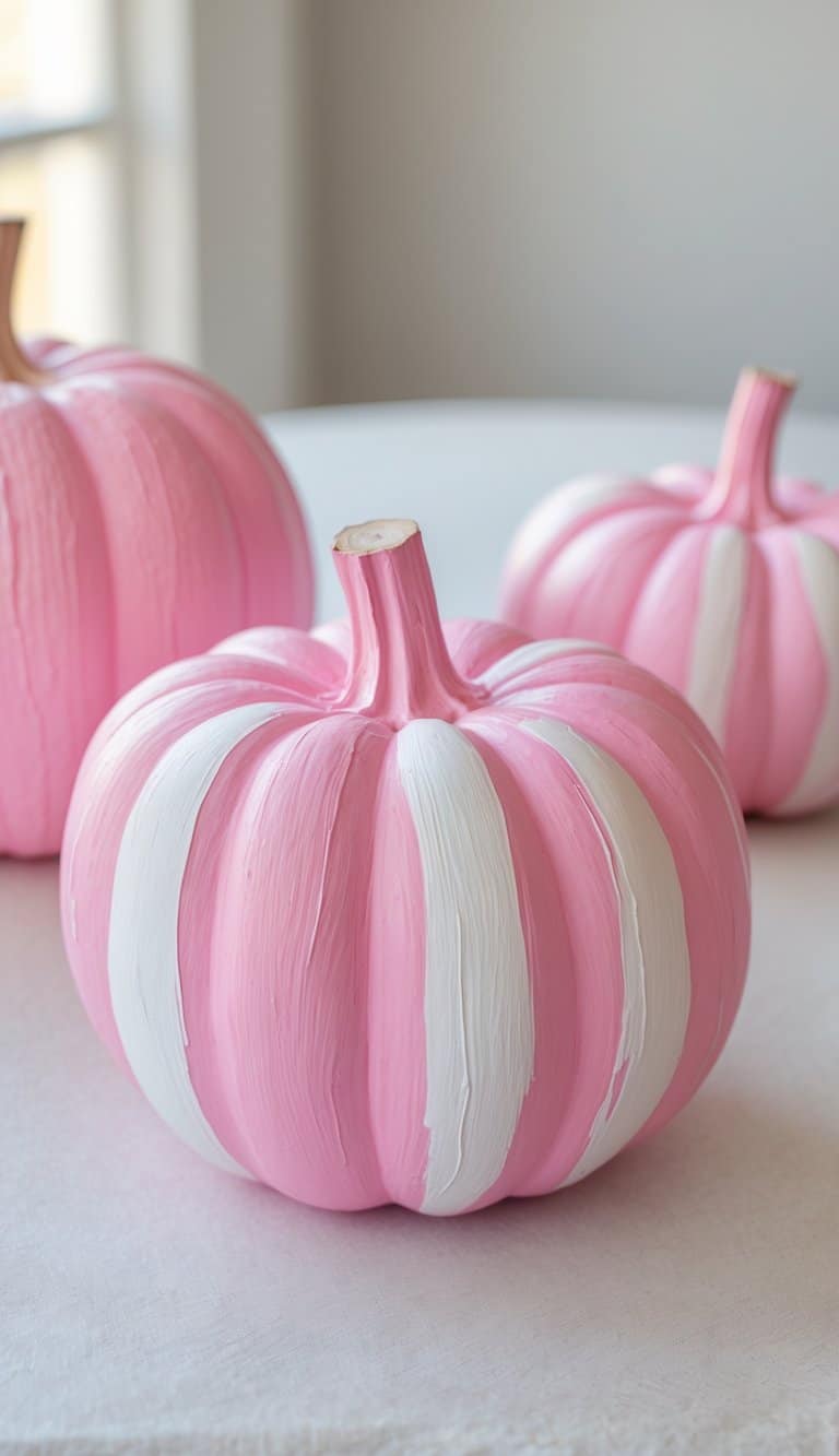 One to two pink pumpkins painted with striped patterns in different shades of pink on a clean tabletop.