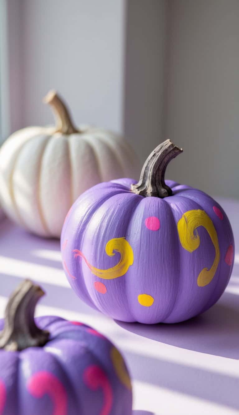 Close-up of one or two small pumpkins painted in bright purple with playful patterns, placed on a clean tabletop under soft daylight.