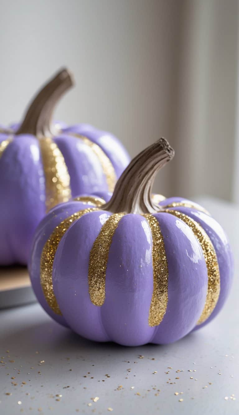 Close-up of one to two purple pumpkins painted with gold glitter accents on a tabletop.