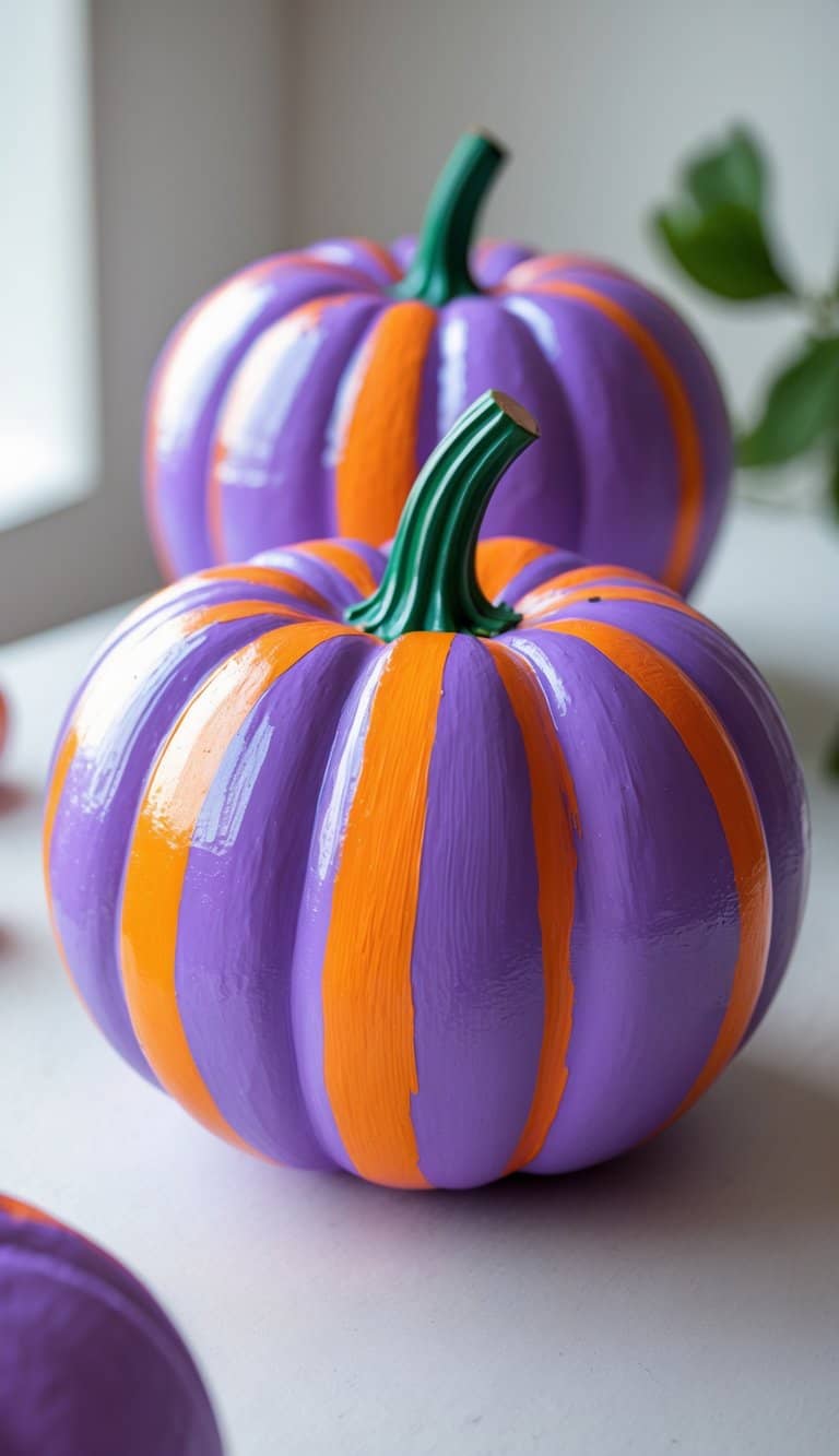 One to two purple pumpkins with bright orange stripes placed on a tabletop.
