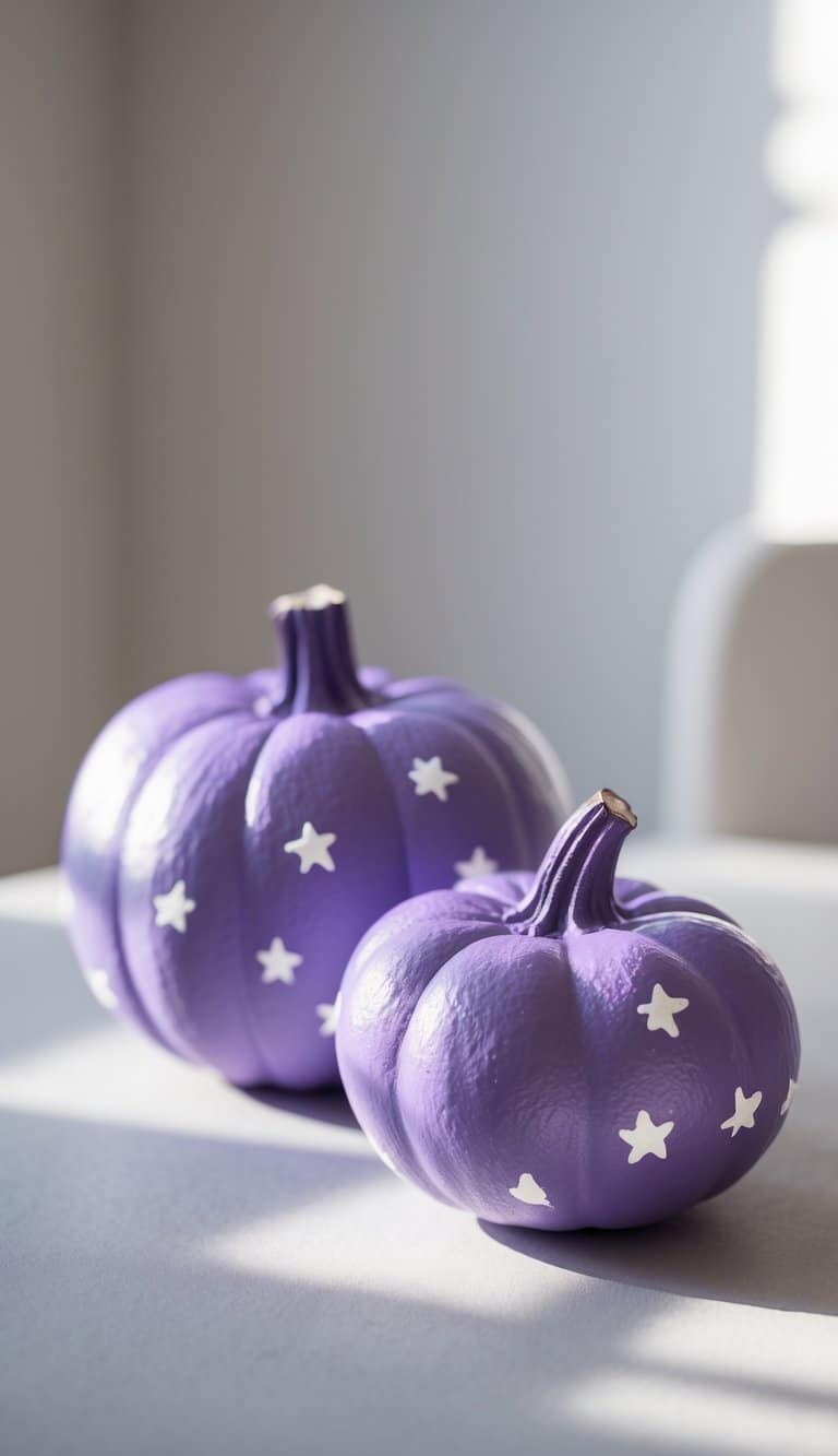 One or two small purple pumpkins painted with tiny white stars on a tabletop.