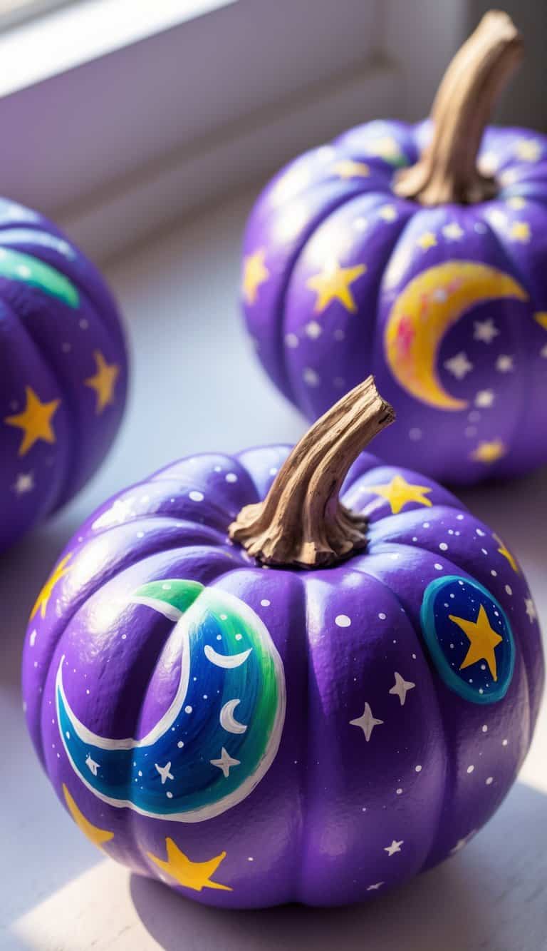 One to two purple pumpkins painted with moon and stars designs placed on a tabletop.