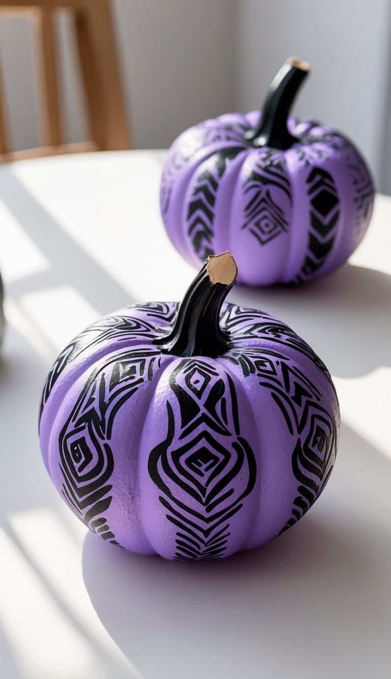 Close-up of one to two purple pumpkins painted with black tribal patterns on a tabletop.