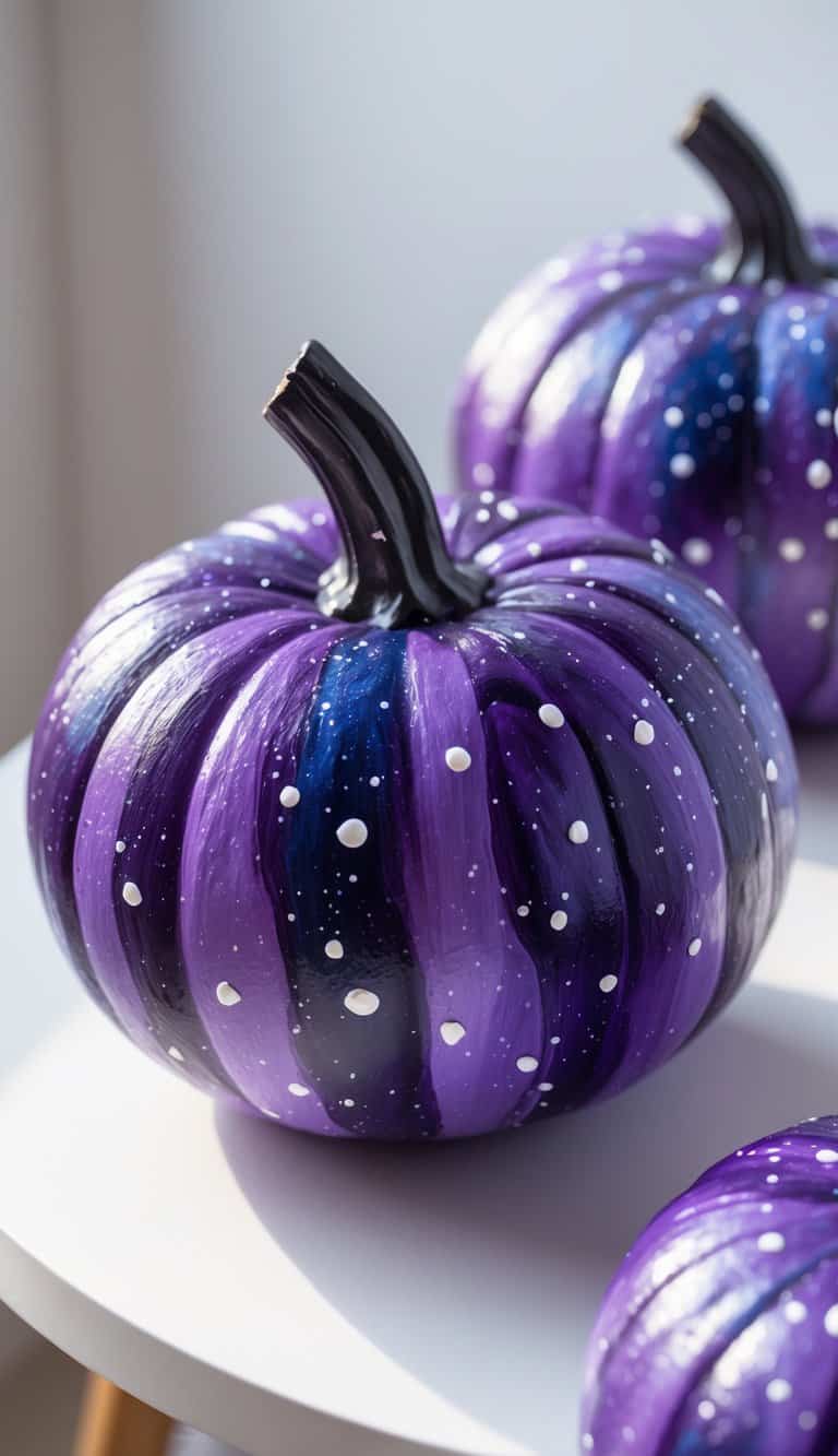 A pumpkin painted with dark purple and light purple stripes, decorated with white dots and stars to resemble a galaxy, sits on a white surface.