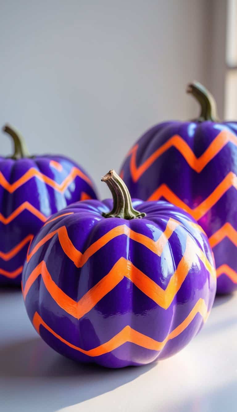One or two purple pumpkins painted with neon orange zigzag patterns on a clean tabletop.