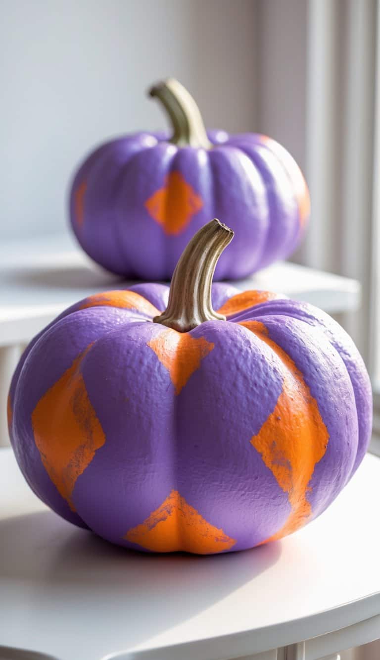 One or two purple pumpkins painted with a purple and orange checkerboard pattern on a clean tabletop.