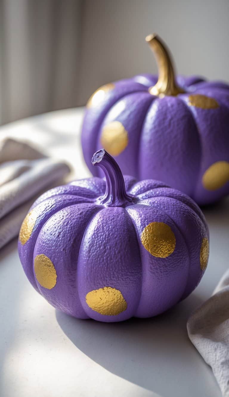 Close-up of one to two purple pumpkins decorated with purple and gold polka dots on a tabletop.