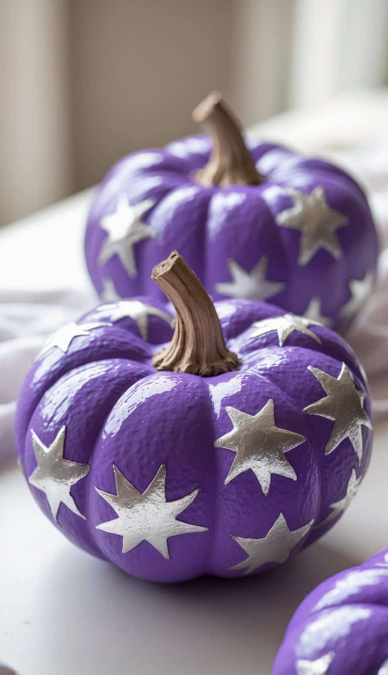 Close-up of one to two purple pumpkins painted with purple and silver stars on a tabletop.