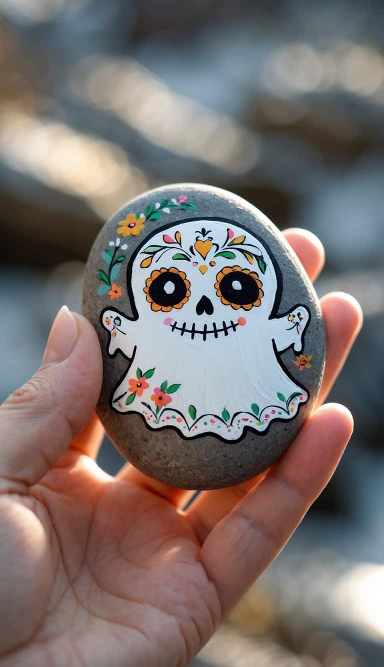 A hand holding a smooth painted rock with a ghost design inspired by Day of the Dead sugar skulls.