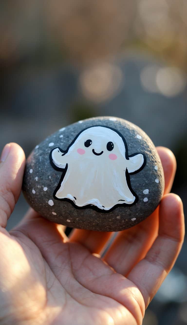 A hand holding a smooth river rock painted with a simple ghost design.