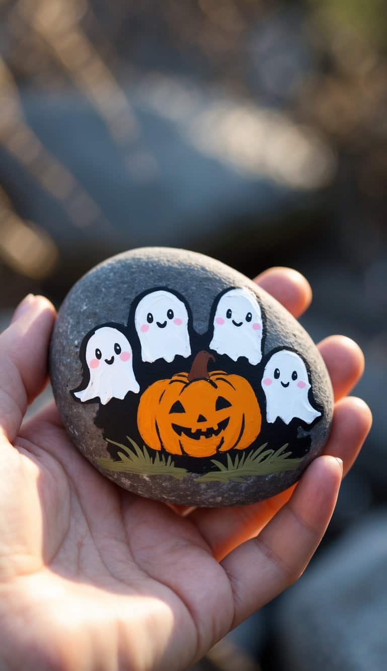 A hand holding a smooth river rock painted with a tiny pumpkin and small ghost figures.