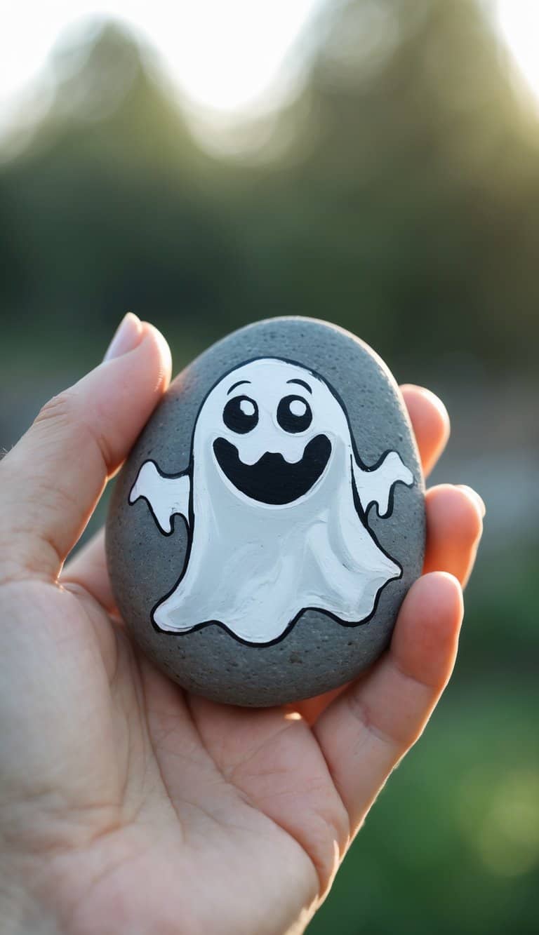 A hand holding a smooth painted rock featuring a silly ghost with a goofy expression.