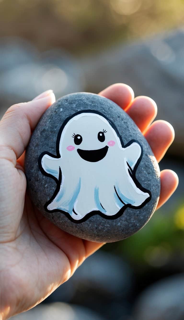 A hand holding a smooth river rock painted with a friendly ghost face.