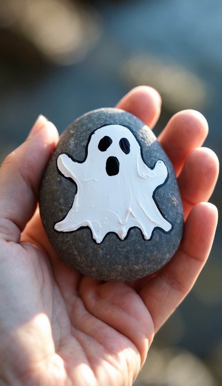 A hand holding a smooth river rock painted with a simple ghost design.