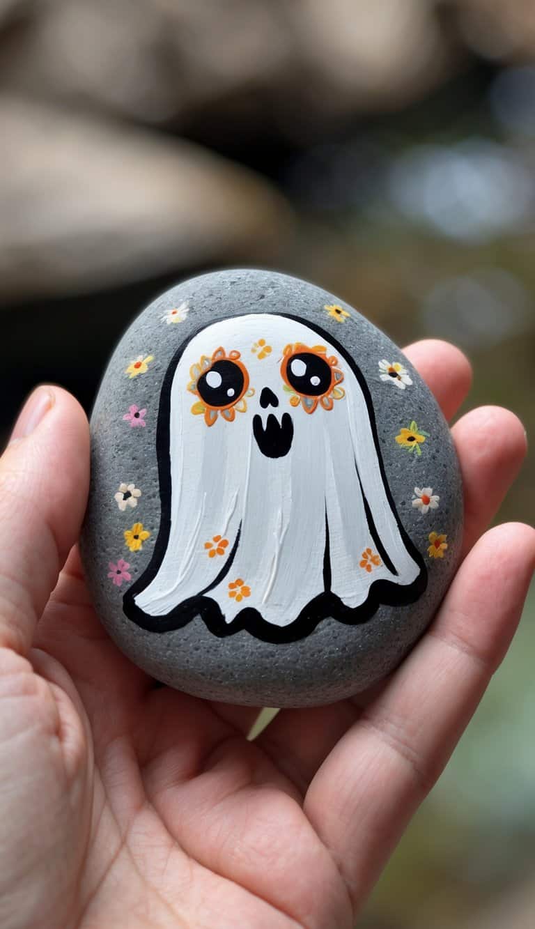 A hand holding a smooth river rock painted with a simple ghost design.