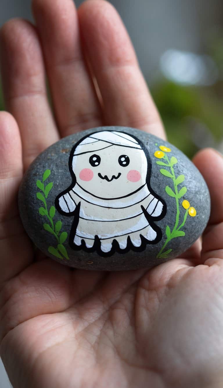 Hand holding a smooth river rock painted with a colorful small mummy ghost design.