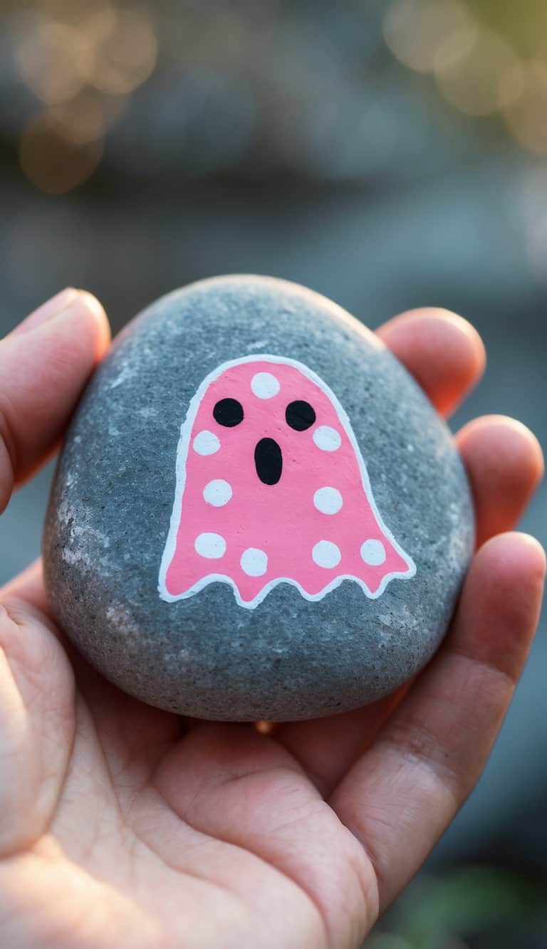 A hand holding a smooth river rock painted with a pink polka-dot ghost design.