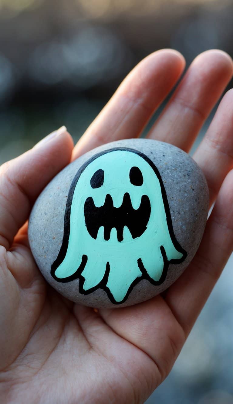 A hand holding a smooth river rock painted with a simple ghost design that has a wide mouth and teal glow.