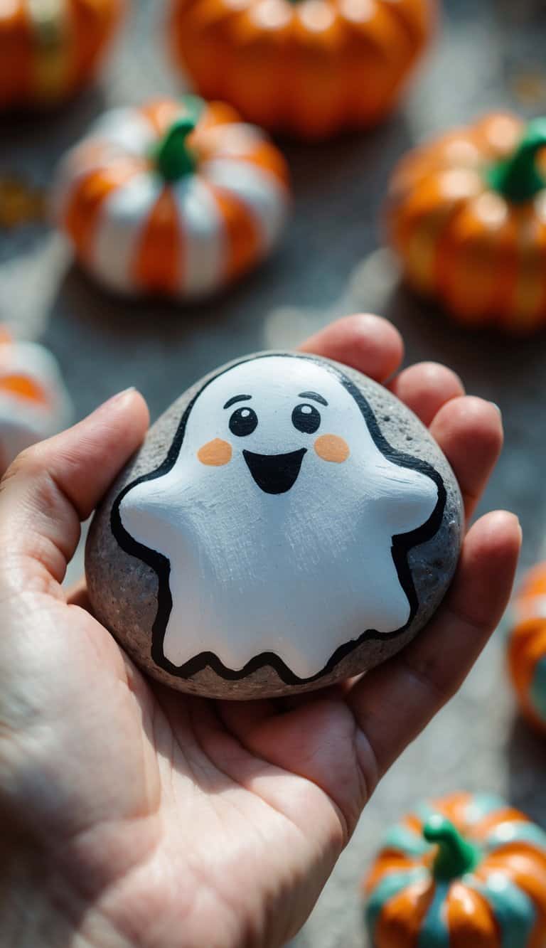 A hand holding a smooth river rock painted with a simple ghost design, with small painted candy pumpkins visible in the background.