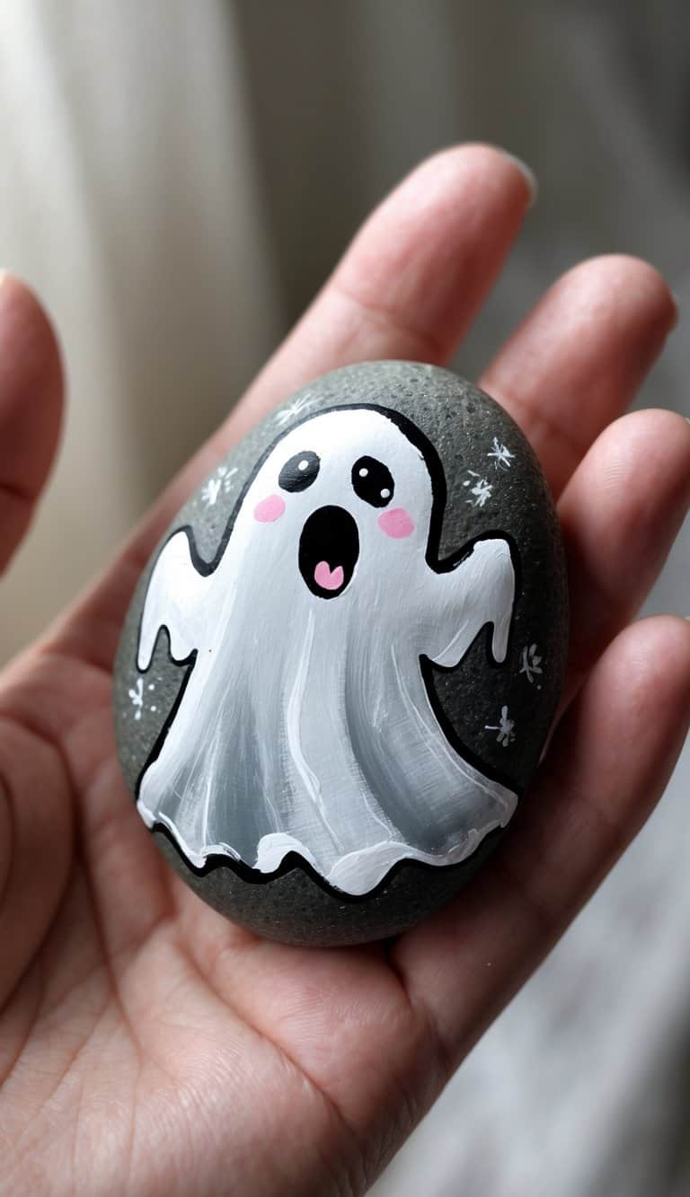 A hand holding a smooth river rock painted with a simple ghost design.