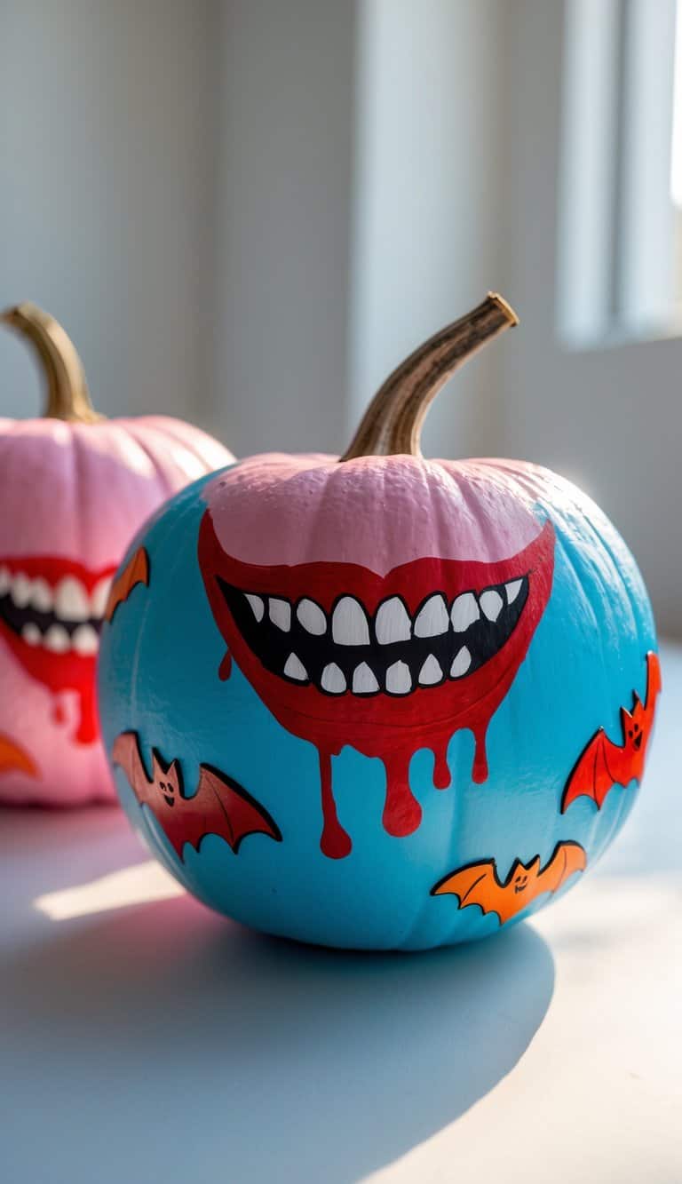 Close-up of one or two painted pumpkins on a table with vampire fangs and blood drip designs, featuring ghosts and bats.
