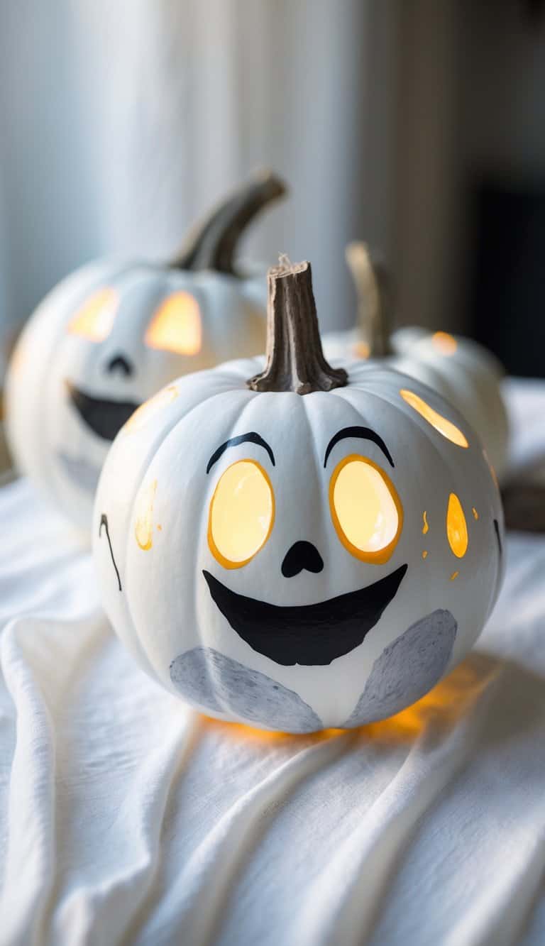 One to two pumpkins painted with glowing ghost faces placed on a tabletop with soft daylight.