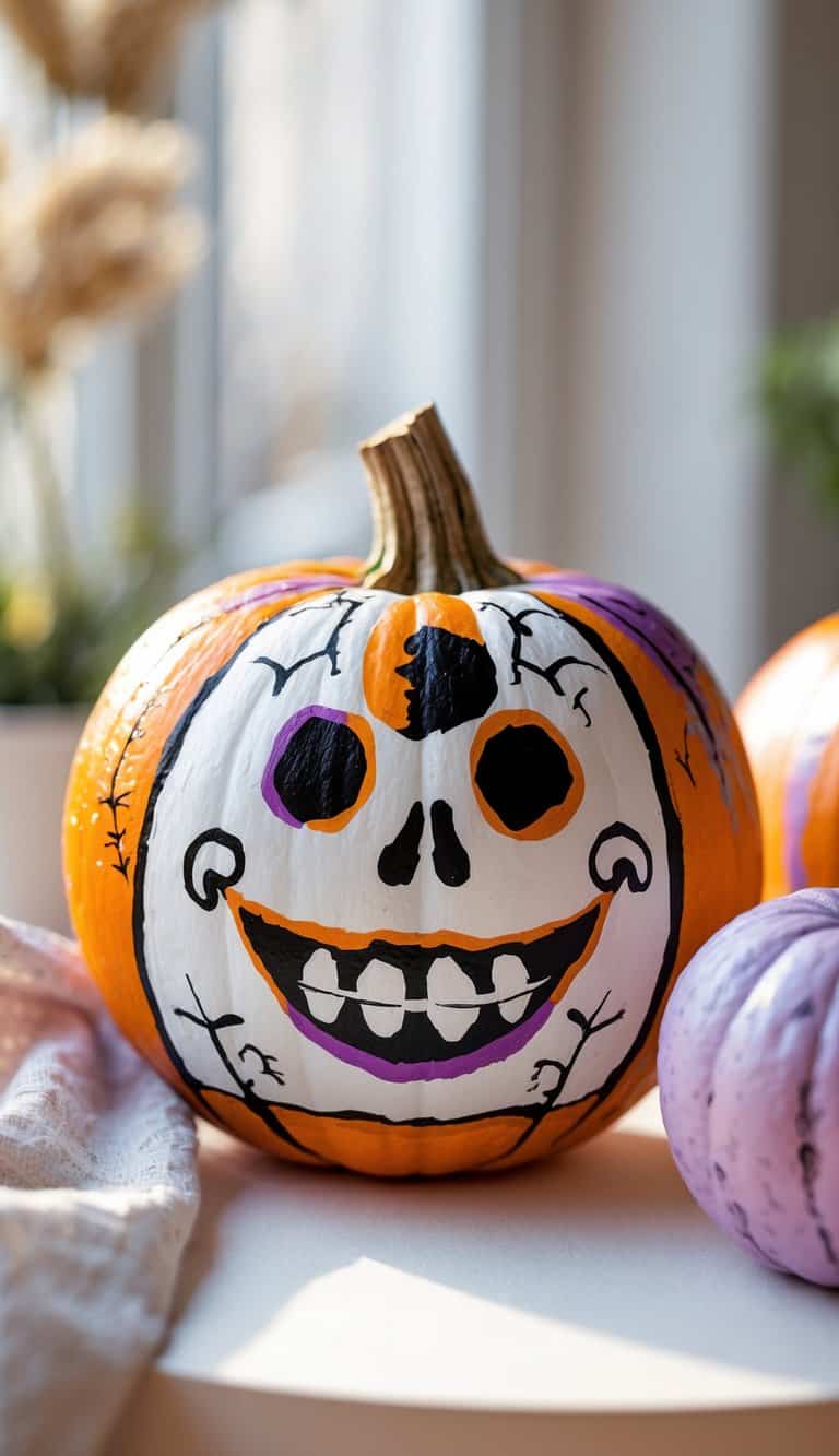 Close-up image of one or two colorful painted pumpkins with skeleton smile designs on a tabletop under soft daylight.