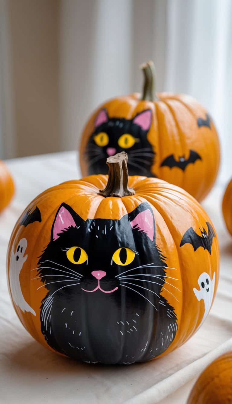 Close-up of one or two painted pumpkins on a table featuring a black cat with glowing eyes and Halloween-themed decorations.