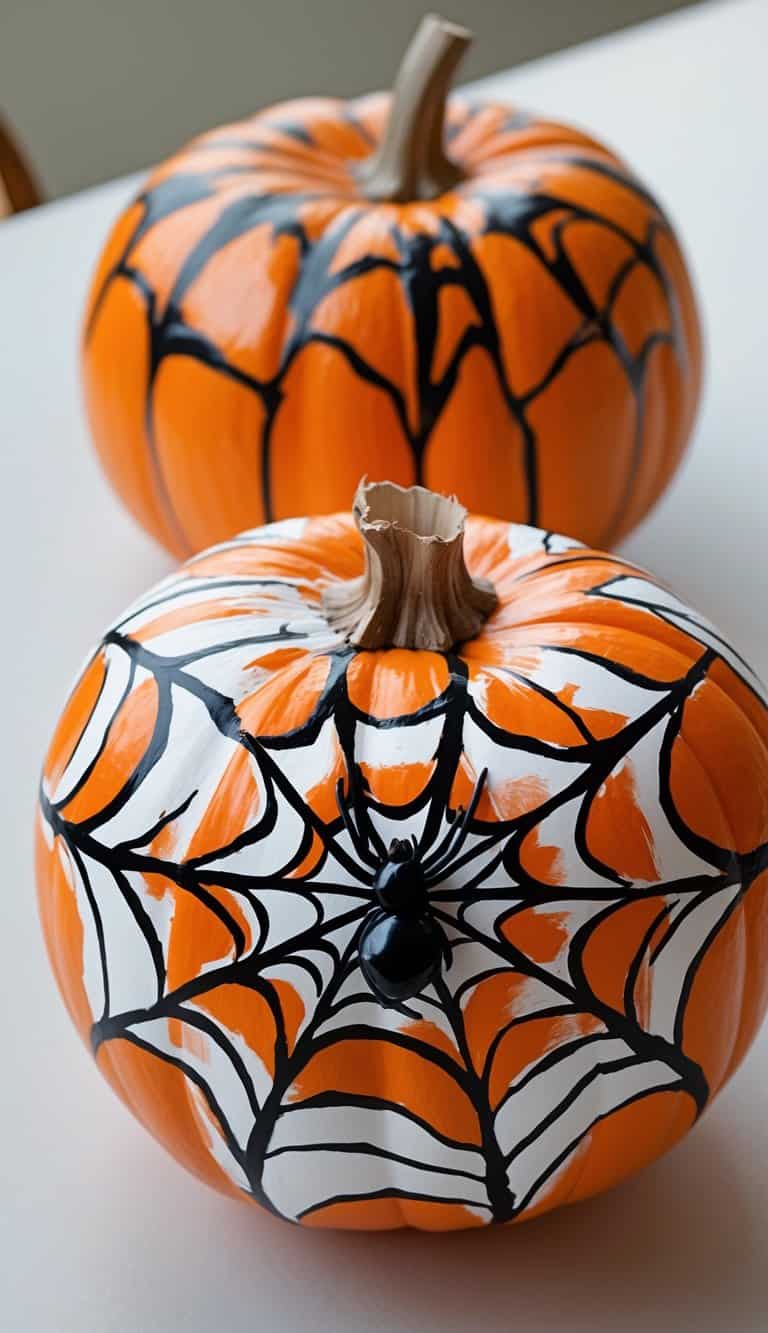 Close-up of one to two pumpkins painted with a colorful spider web and spider design on a clean tabletop under soft daylight.