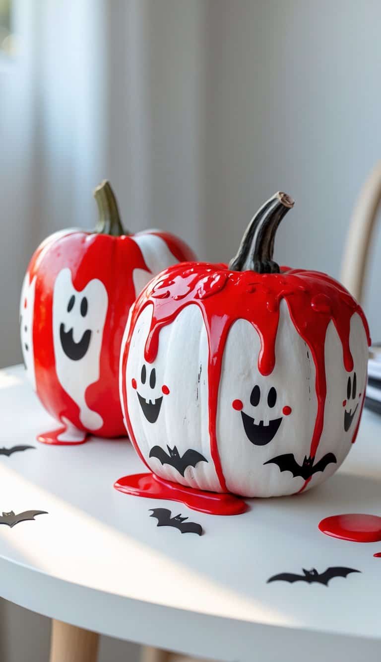 Close-up of one to two painted pumpkins on a table, featuring dripping red paint and Halloween-themed designs like ghosts and bats.
