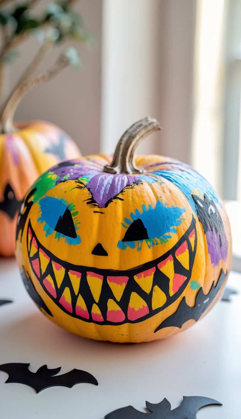 A pumpkin painted with a colorful, wide-mouthed grin, sharp teeth, and bold blue eyes. Black bat-shaped cutouts are scattered on the white surface around it.