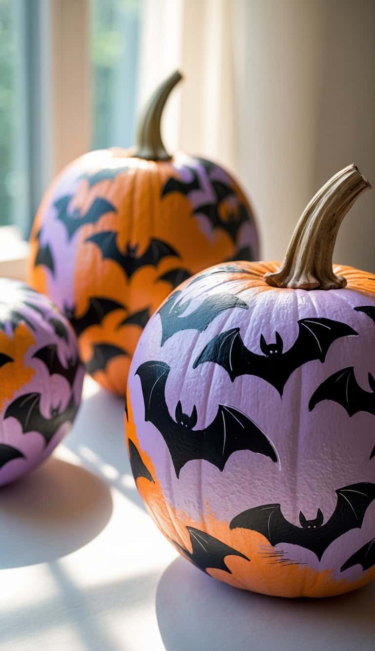 Close-up of one to two painted pumpkins with colorful bat designs on a clean tabletop under soft daylight.