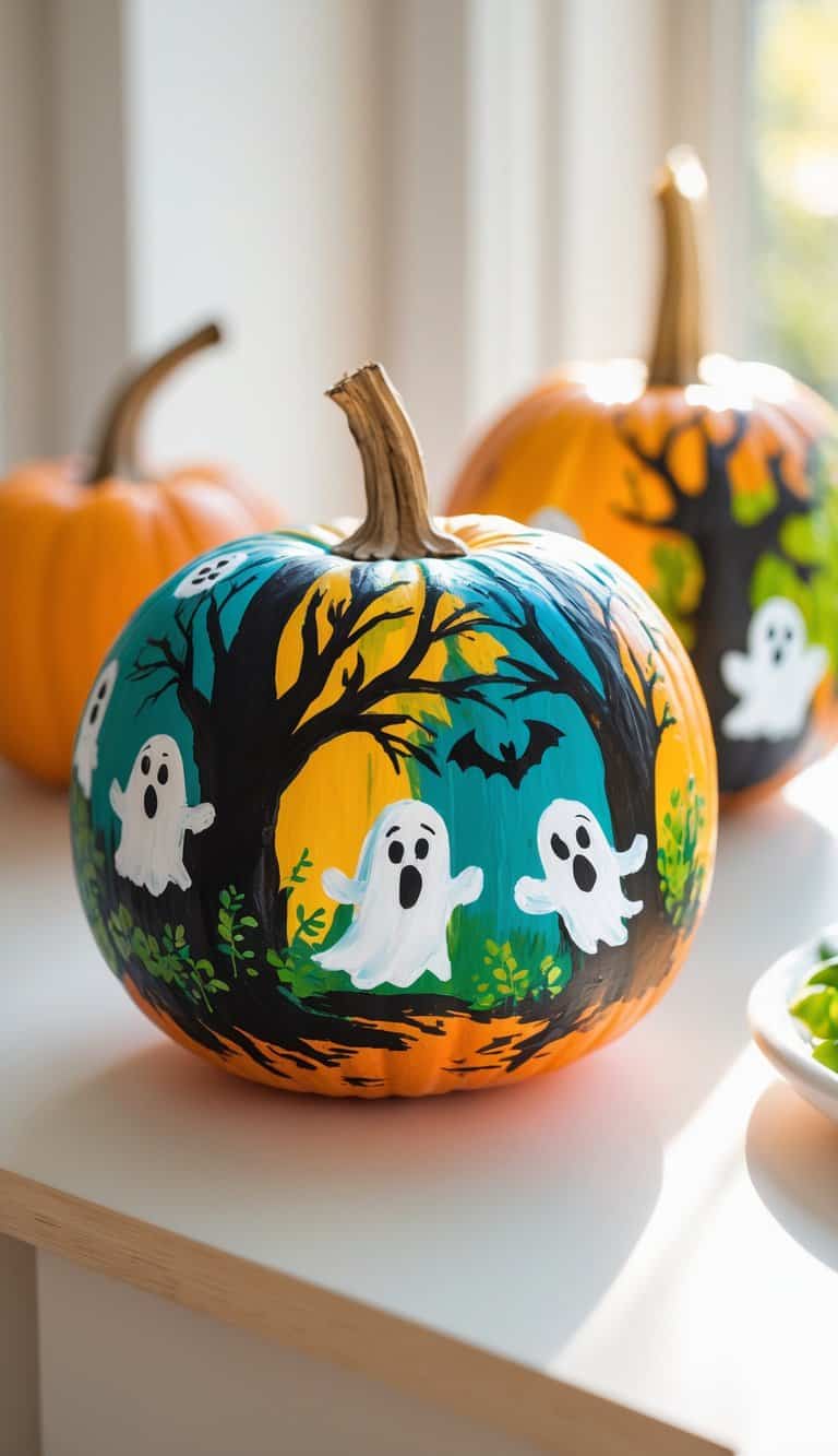 One or two pumpkins painted with a colorful haunted forest scene featuring ghosts and bats, displayed on a clean tabletop with soft daylight.