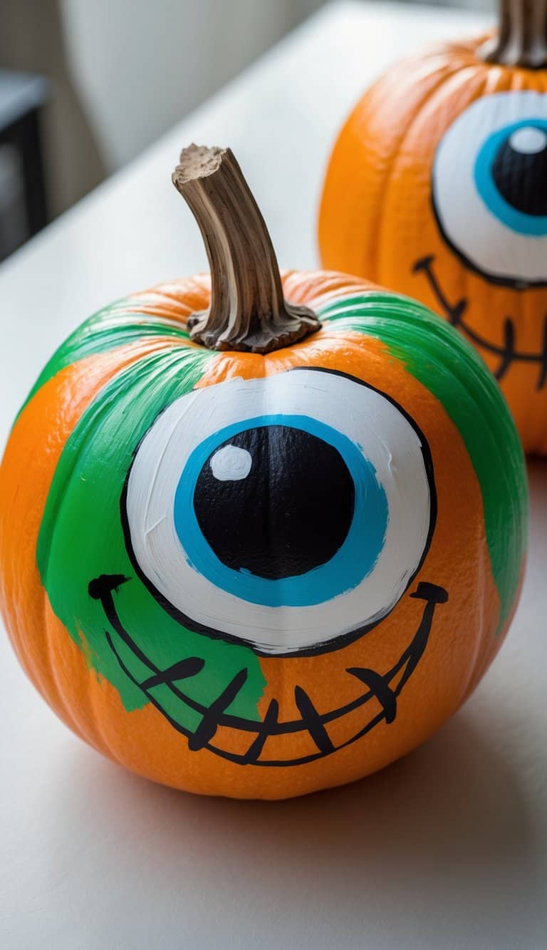 One to two painted pumpkins with colorful eyeball designs on a clean tabletop under soft daylight.