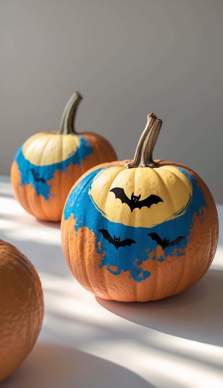 Close-up of one or two pumpkins painted with a full moon and bats on a clean tabletop under soft daylight.