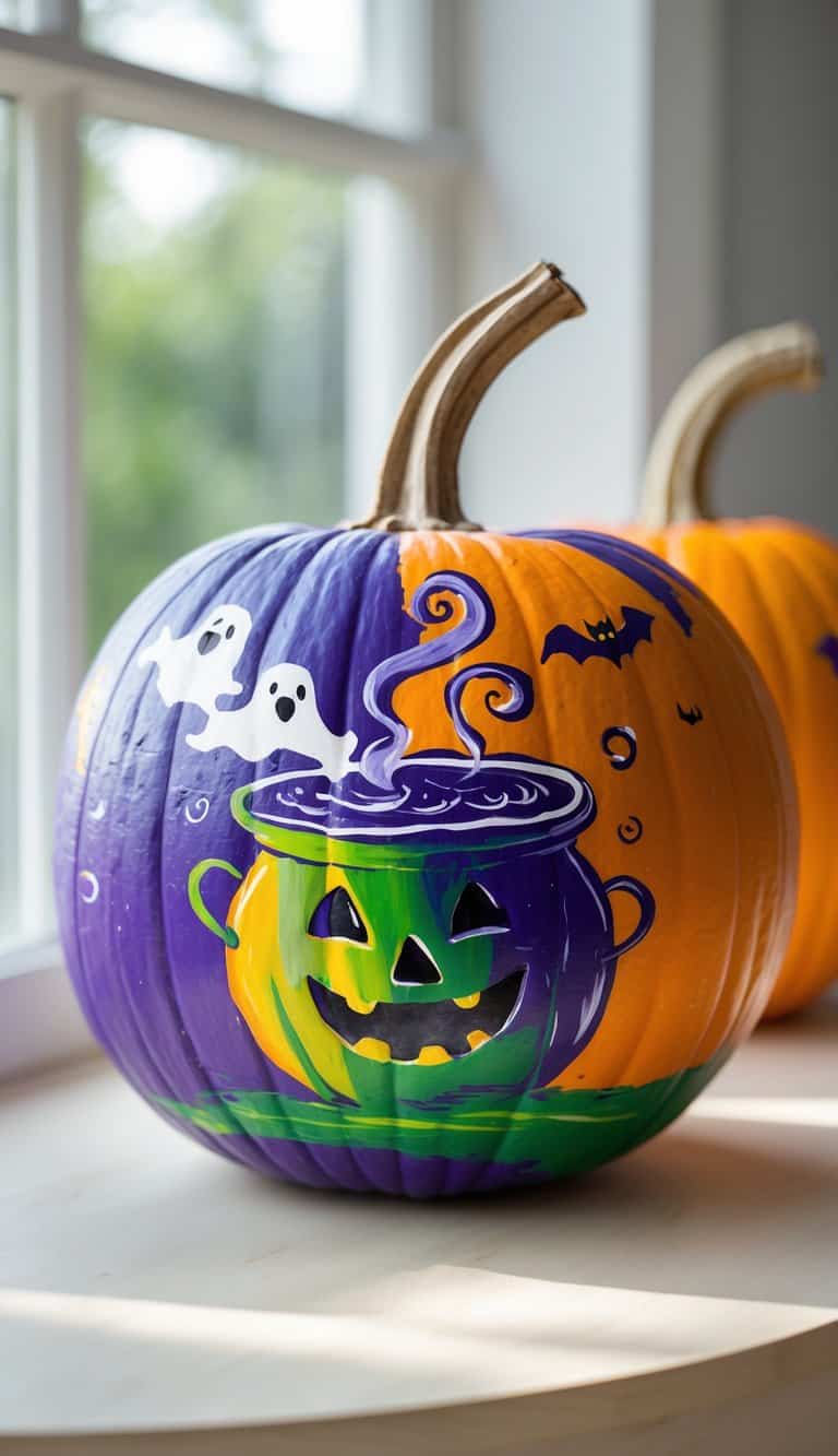 Close-up of one or two painted pumpkins on a table, featuring a colorful witch’s cauldron design with ghosts and bats.