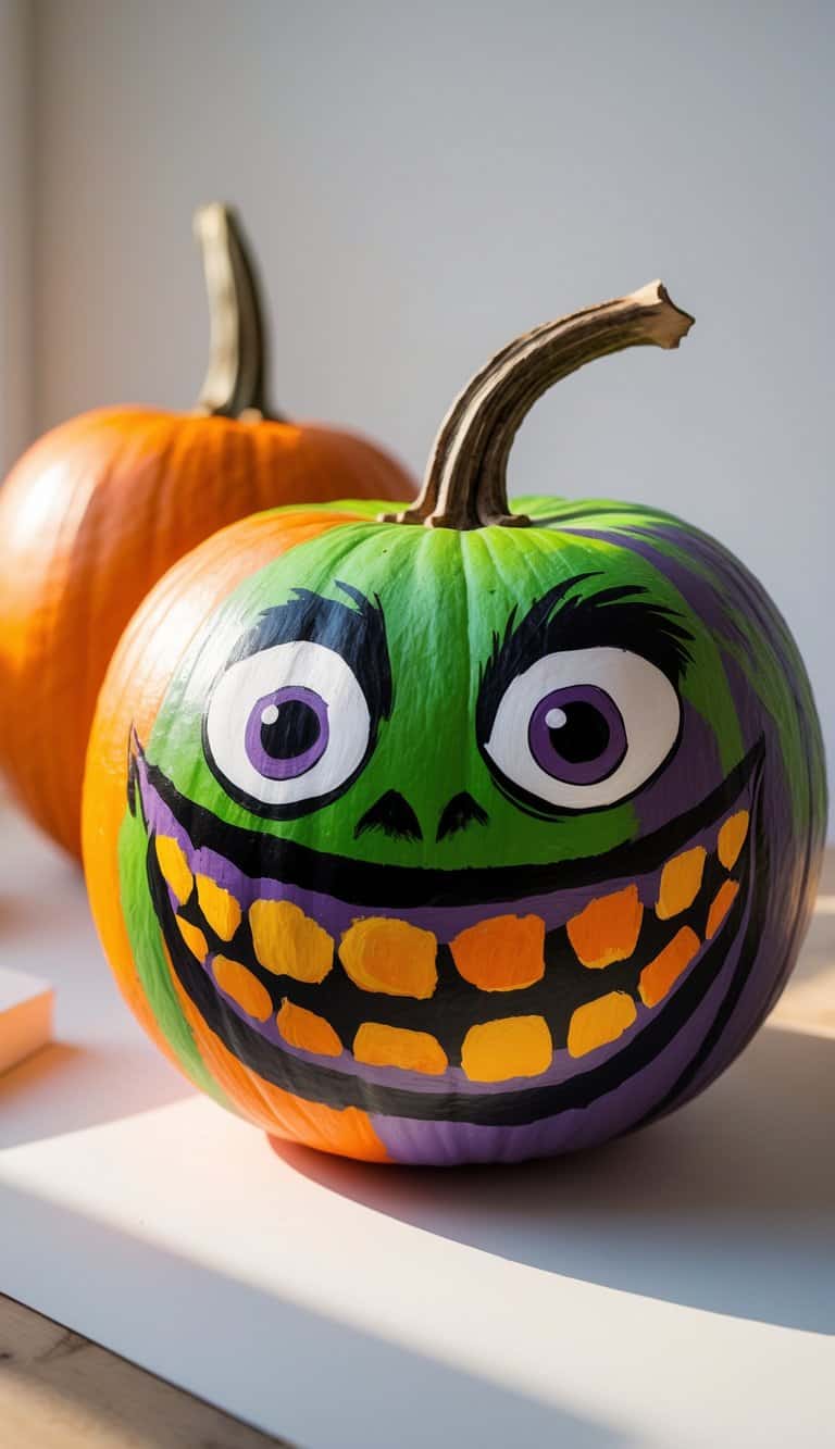 Close-up of one to two painted pumpkins on a table, featuring a scary monster face with bright colors and detailed designs.