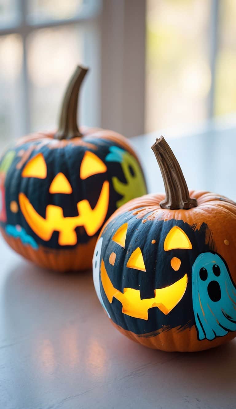 Close-up of one or two painted pumpkins with glowing jack-o'-lantern faces on a tabletop.