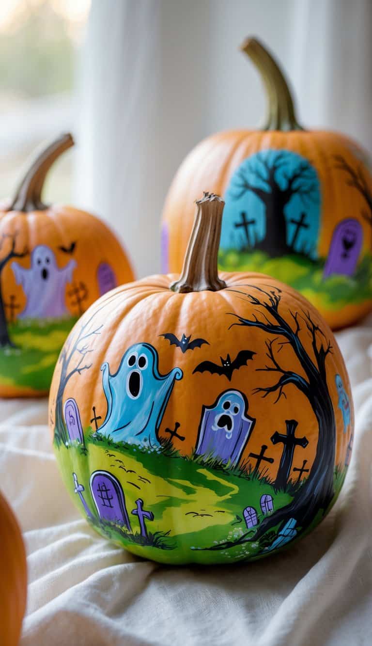 Close-up of one to two pumpkins painted with a haunted graveyard scene featuring ghosts, bats, and tombstones on a tabletop.