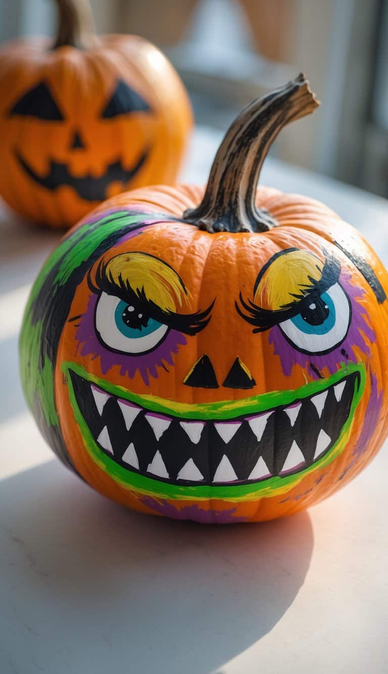 Close-up of one to two brightly painted pumpkins with a scary pumpkin monster design on a clean tabletop.