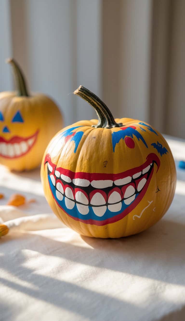 Close-up of one to two painted pumpkins on a tabletop, featuring a pumpkin with a creepy clown smile and other Halloween-themed designs.