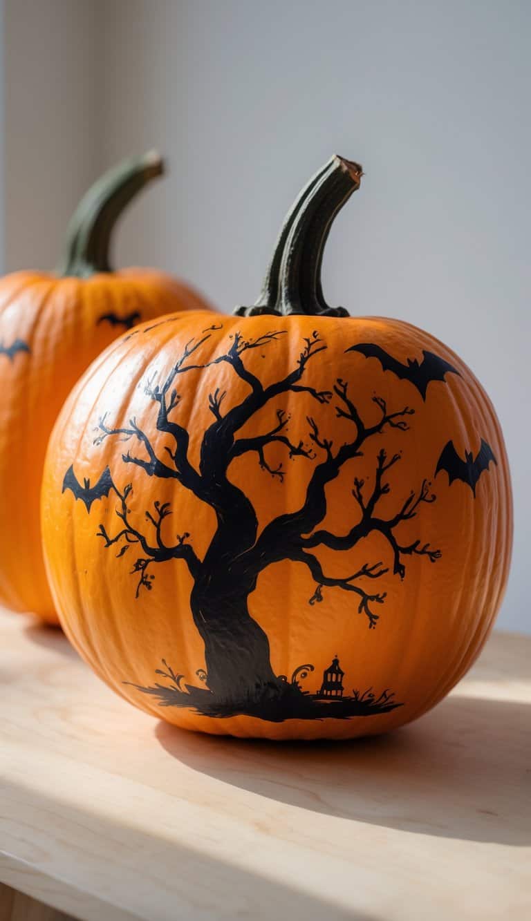 Close-up of one or two pumpkins on a tabletop, painted with a haunted tree silhouette and bats.