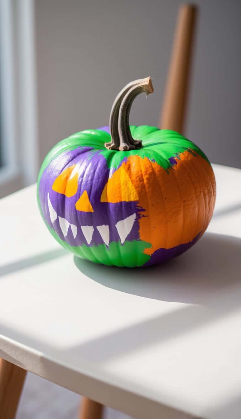 Close-up of one or two painted pumpkins with glowing eyes and sharp fangs on a clean tabletop under soft daylight.