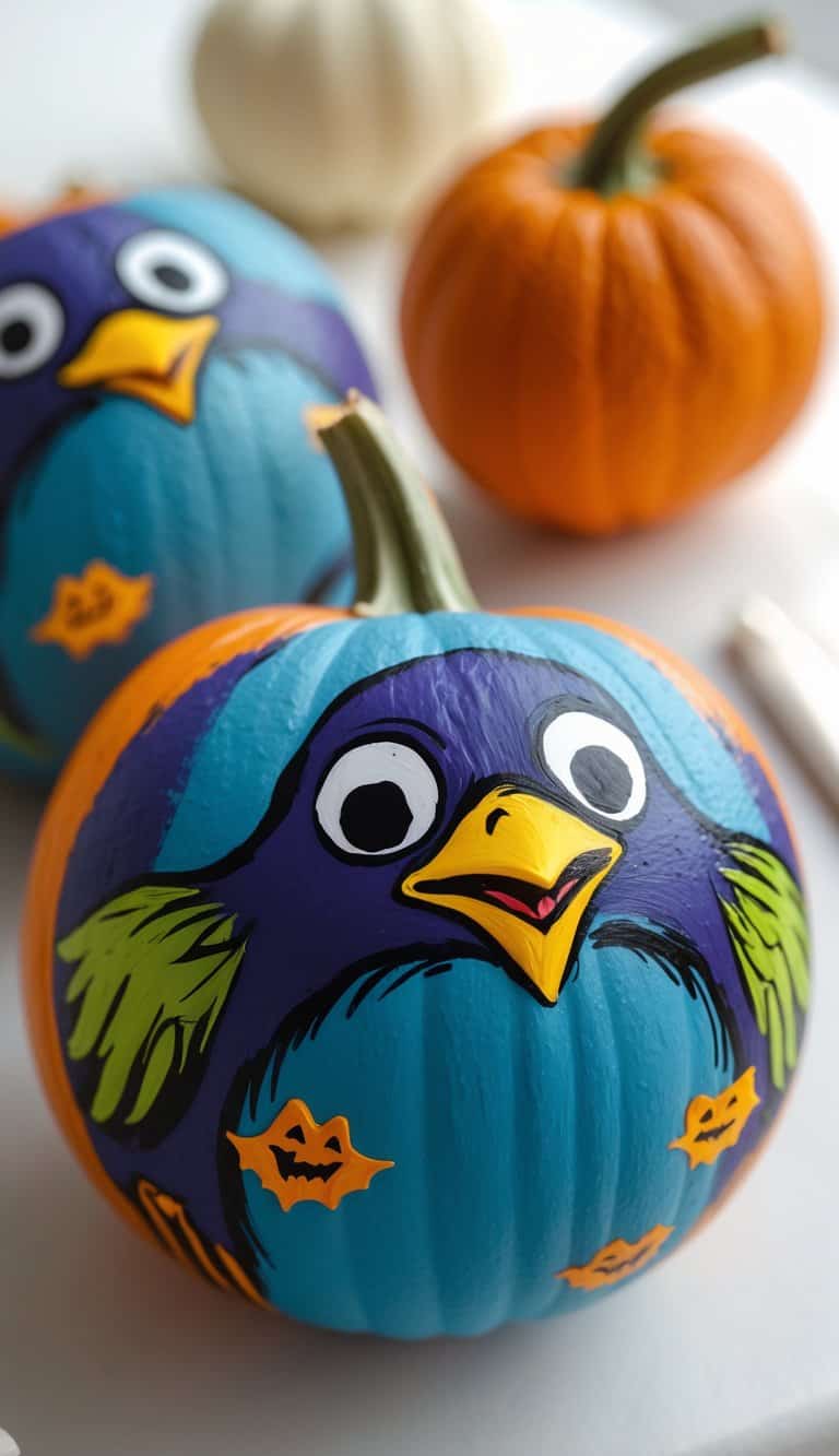 Close-up of one to two pumpkins painted with a colorful raven design on a clean tabletop under soft daylight.