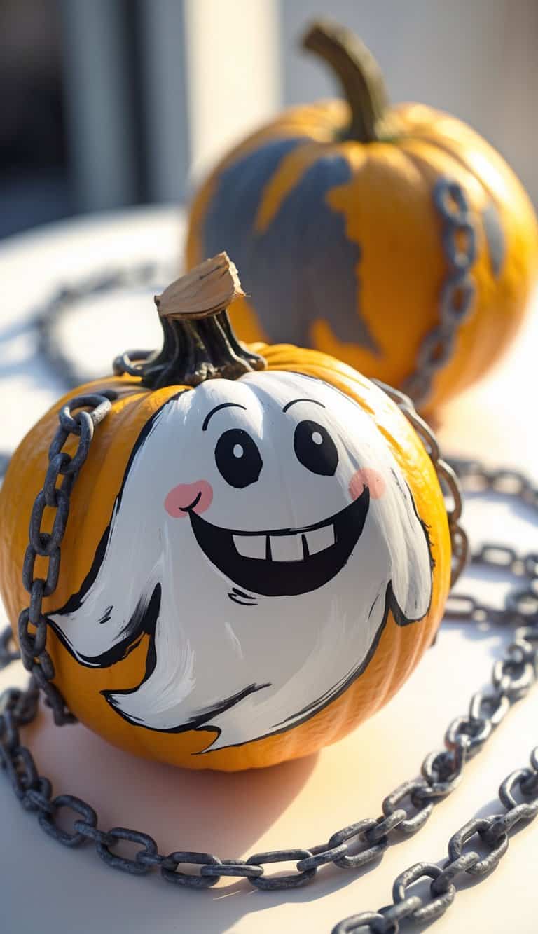 Close-up of one or two pumpkins painted with a friendly ghost face and chains on a tabletop.