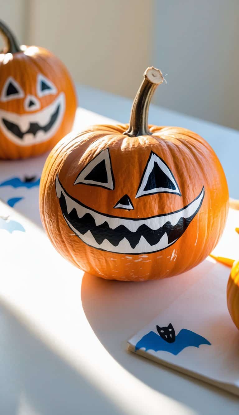 Close-up of one or two pumpkins painted with a scary jack-o'-lantern face and Halloween-themed designs on a simple tabletop.